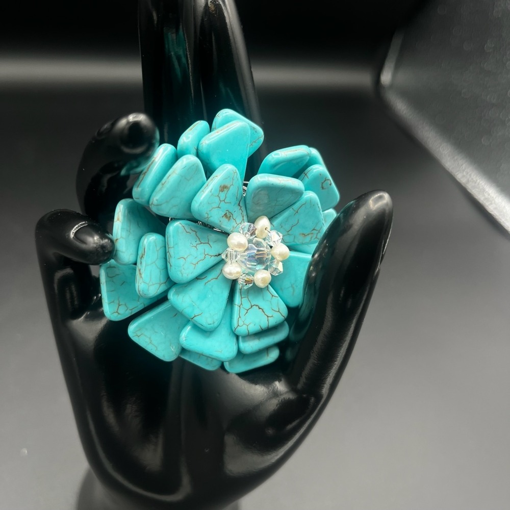 Vintage AeraVida Style Turquoise & Pearl Flower Brooch‎ Pin Exotic Chic